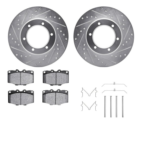 Dynamic Friction Company Front Brake Rotors-Drilled and Slotted-Silver with Ultimate Duty Performance Brake Pads includes Hardware 7412-76006