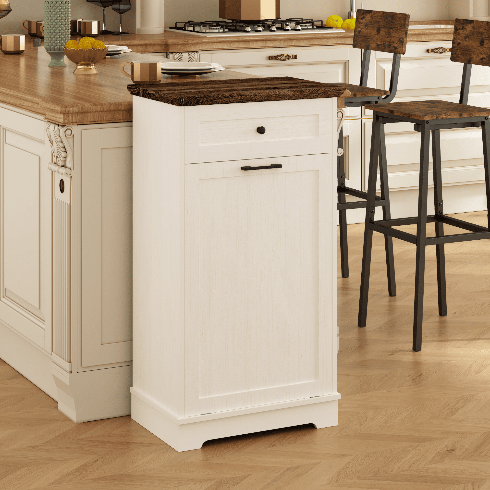 13 Gallon Tilt Out Trash Cabinet Freestanding Trash Bin Cabinet Wood Garbage Recycling Cabinet with Drawer Pet Proof Trash Can Holder for Kitchen Living Room, Antique White (Not include trash can)