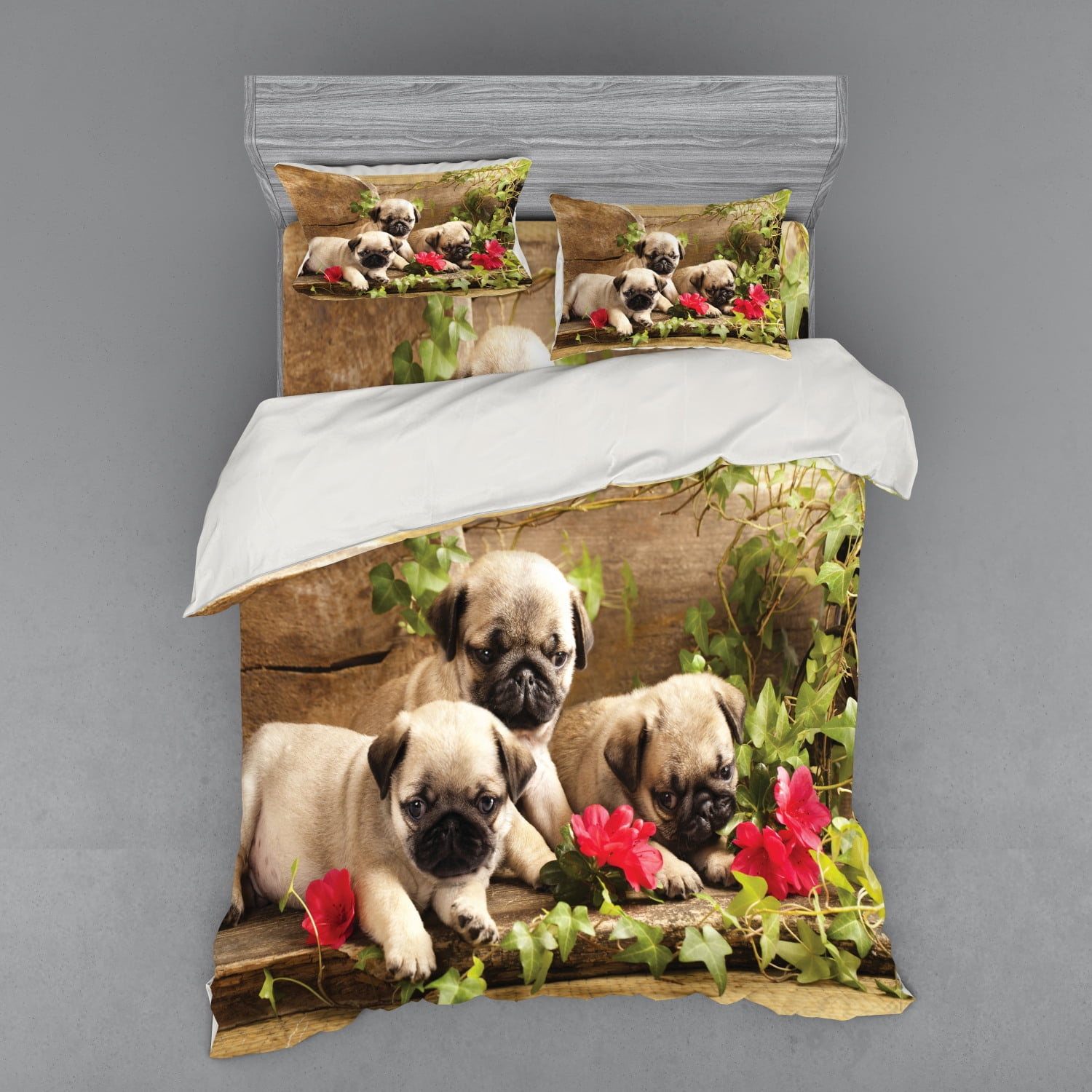 Pug Duvet Cover Set, Sibling Puppies with Floral Arrangement in Front