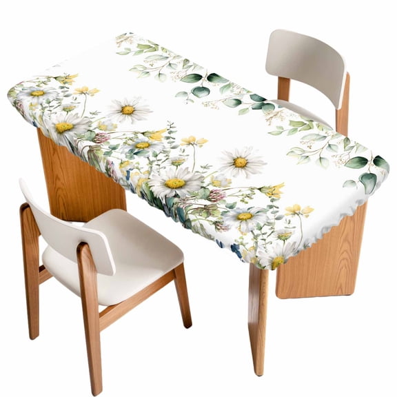 Eucalyptus Leaves Table Cloths for 5 Foot Rectangle Tables, Farmhouse Pastoral Flowers Plants Patio Waterproof Elastic Fitted Tablecloths, Washable Rectangular Table Cover for Camping