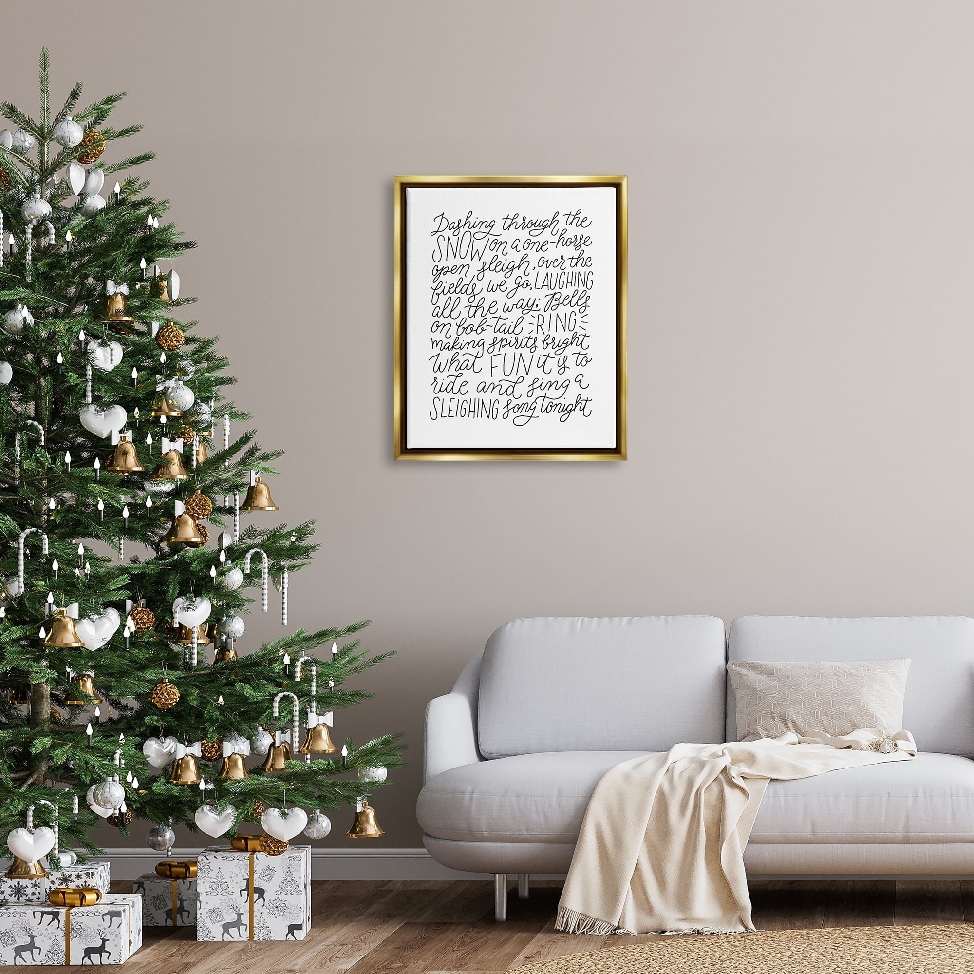 Stupell Industries Dashing Through The Snow Fun Casual Calligraphy Song Graphic Art Metallic Gold Floating Framed Canvas Print Wall Art, Design by Leah Bisch