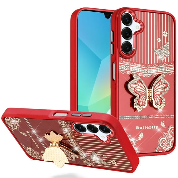 For Samsung A16 5G Splendid Glitter Butterfly Design Stand with Metallic Edges Hybrid Case - Red