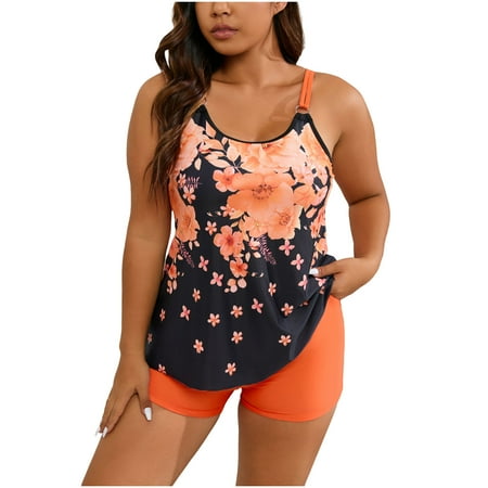 Lovskoo Women s Plus Size 2024 Trendy Retro Print Two Piece Tankini Swimsuit Vintage Tank Top and High Waisted Swim Boyshorts Set Orange 3XL