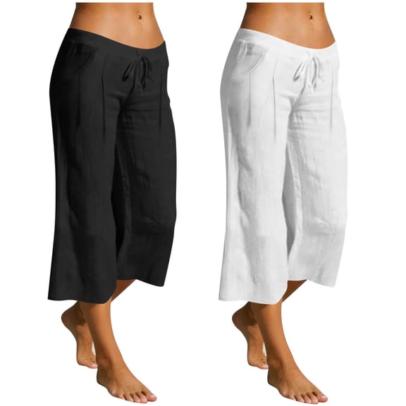 Women's Cotton Linen Loose Straight Capris, Mid Elastic Waist Drawstring Pants, Pockets Straight Leg Capris, Casual Summer Capris for Women, Womens Cropped | VerBelle,Black L