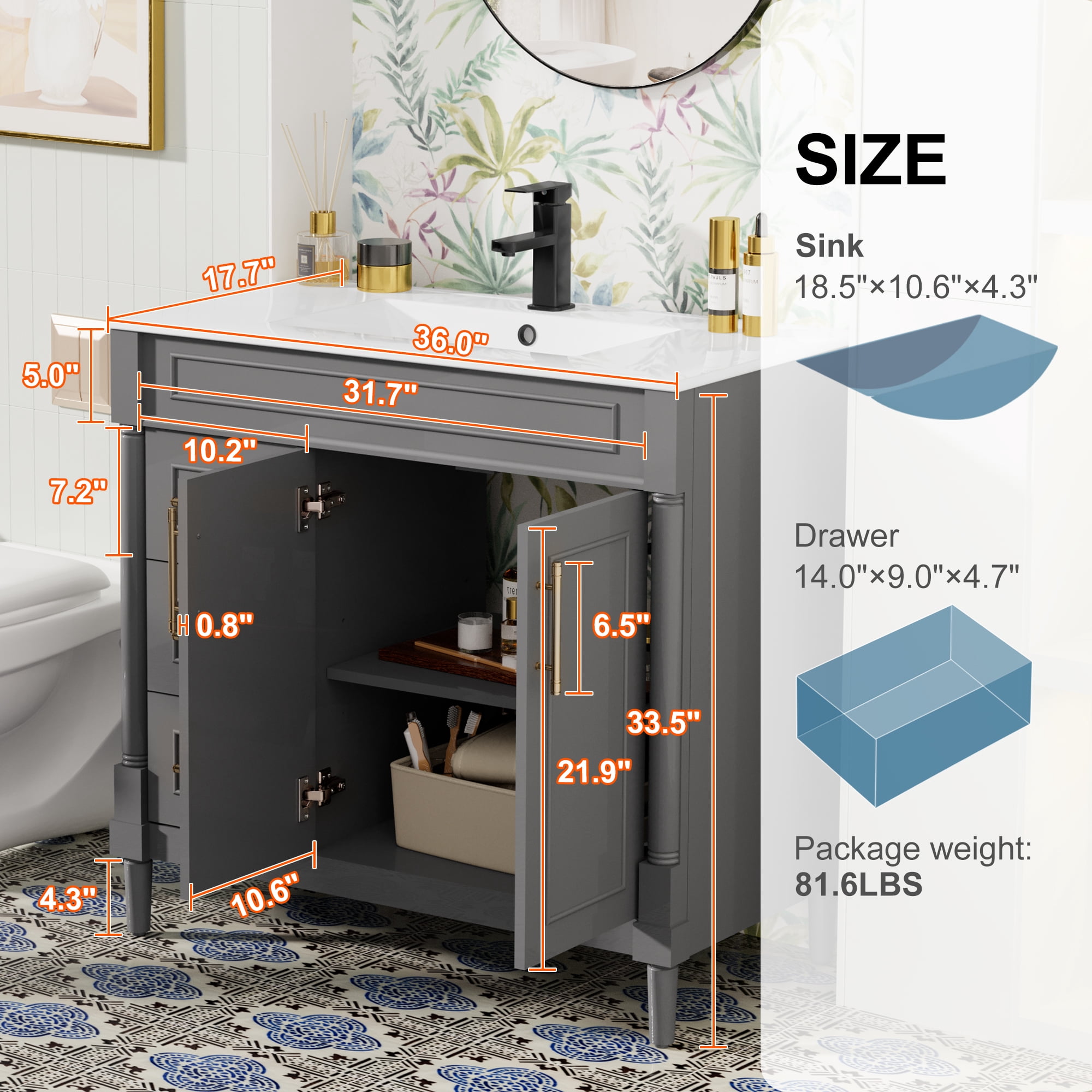36" Freestanding Bathroom Vanity with Ceramic Sink Top, Faucet, Classic Tapered legs