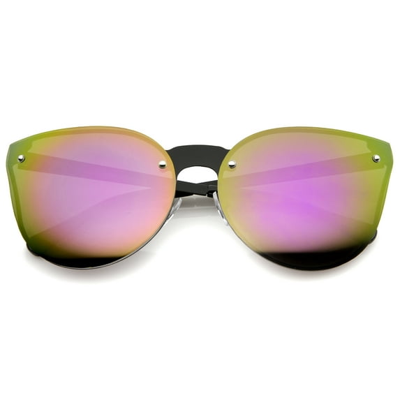 sunglassLA Unisex Oversize Metal Frame Teardrop Iridescent Mirror Lens Rimless Cat Eye Sunglass (Black / Purple-Green Mirror) - 65mm