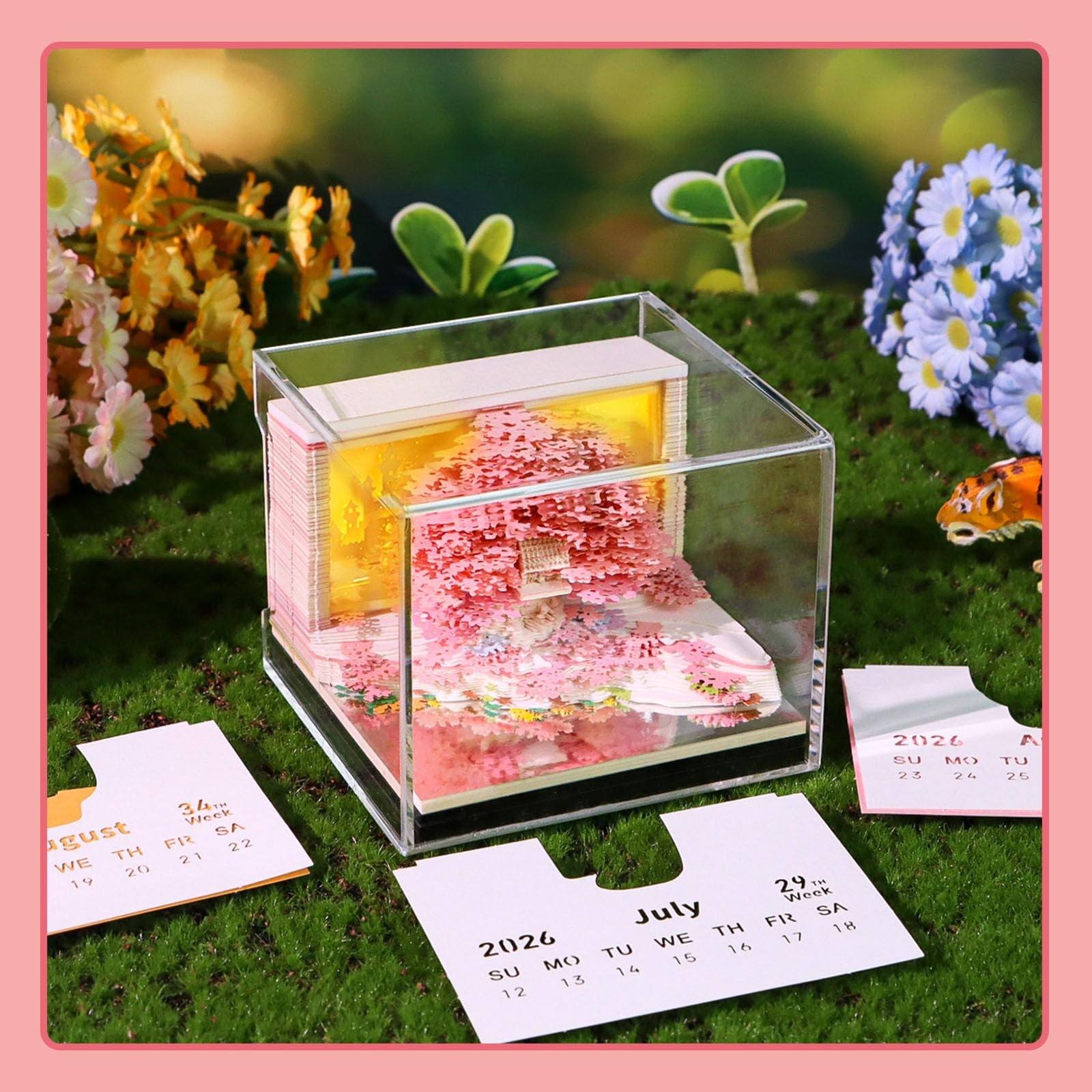 Lshn 3D LED Desk Calendar, 2026 Memo Pad Calendar, DIY Paper Craft Art, Romantic Tabletop Decoration, Creative Housewarming Gift, for Office Desktop Display