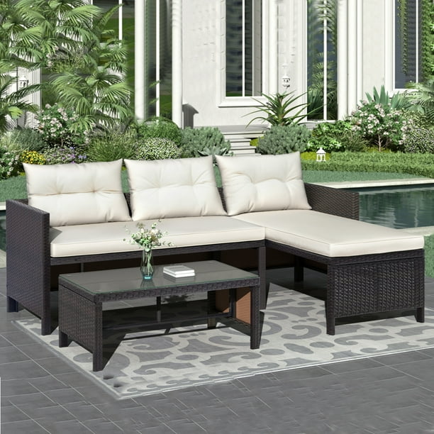 Wicker Patio Bistro Sofa Set, 3 Piece Outdoor Furniture Patio Conversation  Set with Beige Cushion&Coffee Table, Rattan Sofa Sectional Furniture Set 