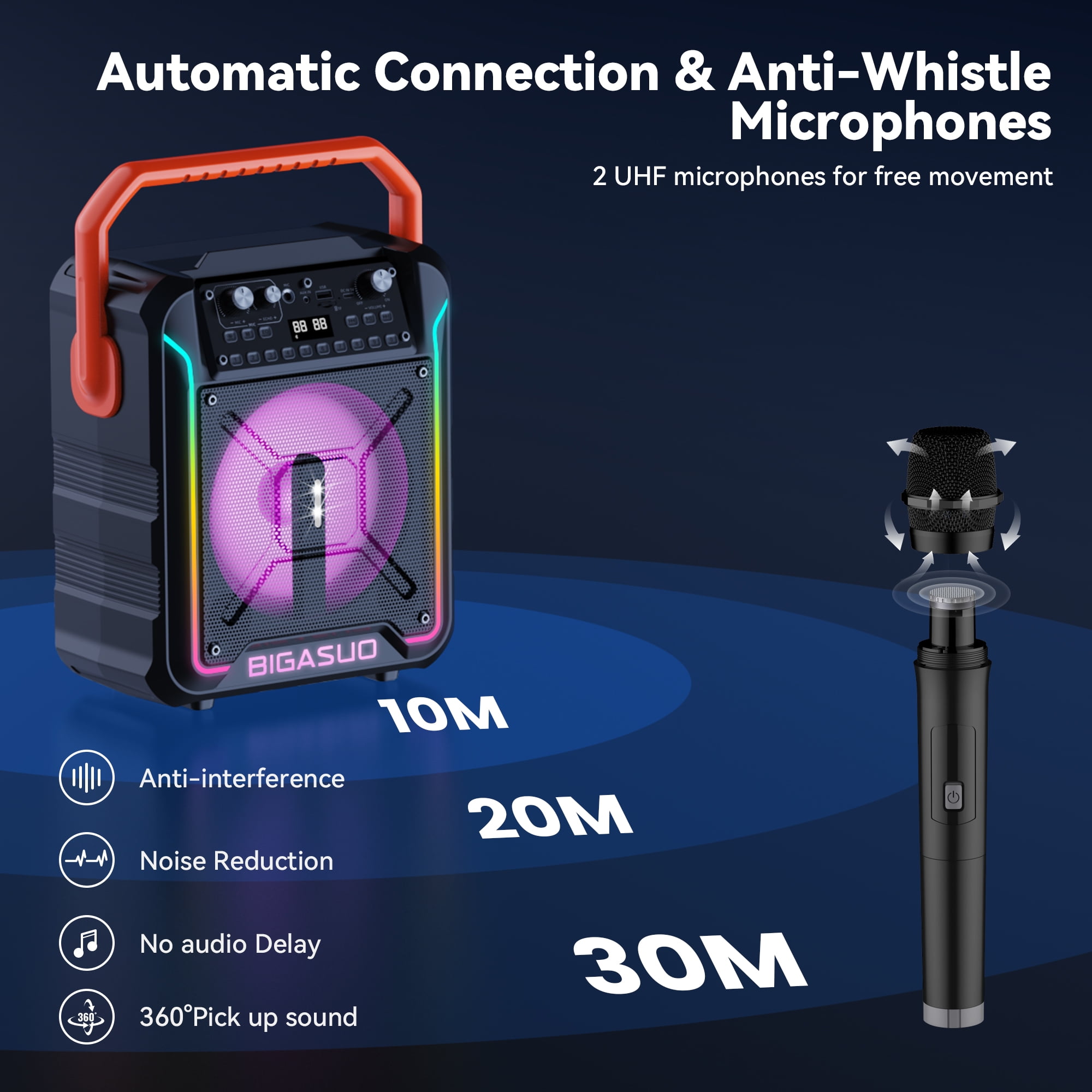 BIGASUO Bluetooth Karaoke Machine, Portable Party Speaker Karaoke Singing Machine for Adult , Home Karaoke PA System with 2 UHF Microphones , RGB Colorful Light,  TWS Speaker for Indoor/Outdoor