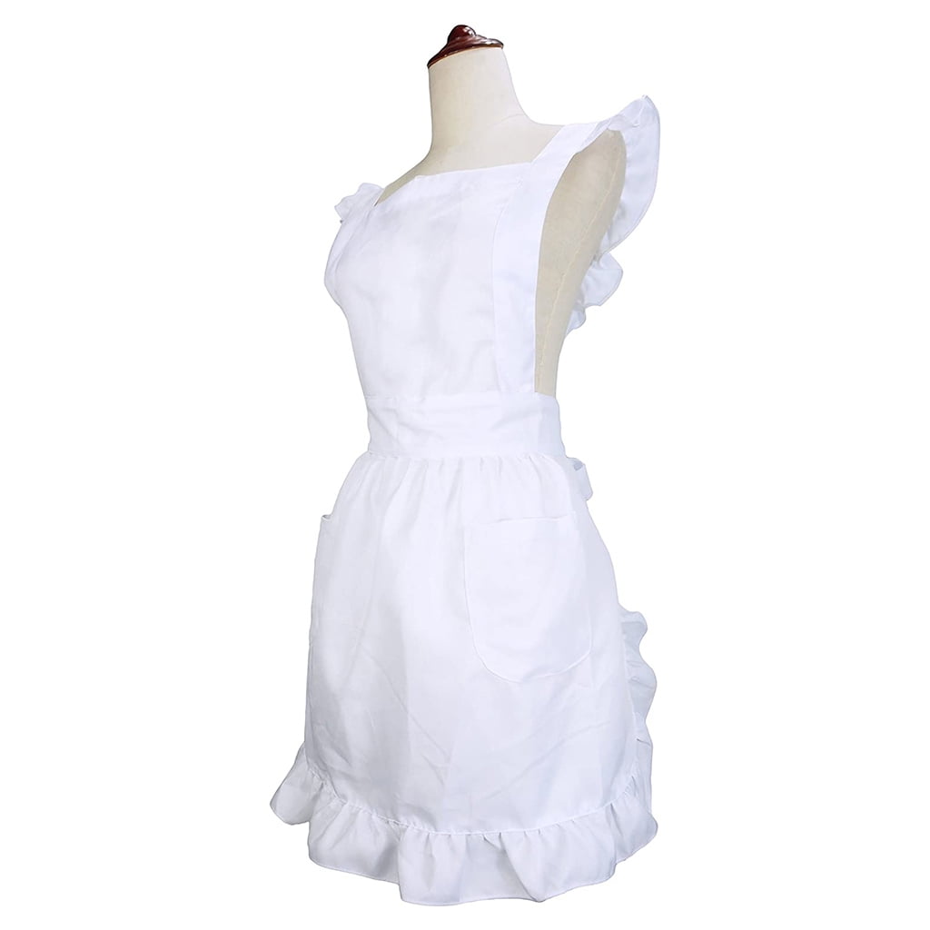 CIYISON Womens Girls Ruffles Outline Retro White Apron with Pockets Adjustable Victorian Bib Maid Cosplay Kitchen Baking Costume