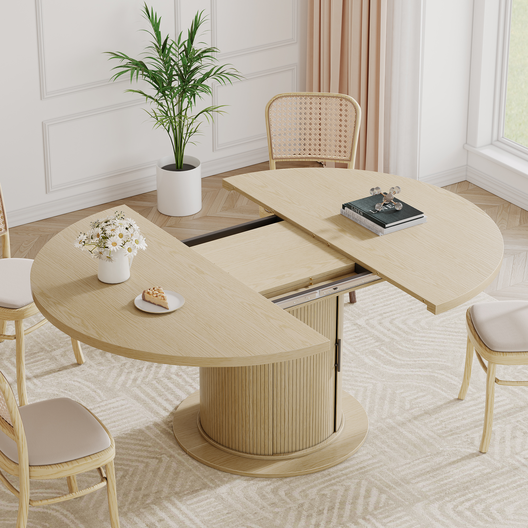 Round Dining Table for 4-8, Extendable Kitchen Dining Room Table 47"-63" With Storage, Mid Century Modern Oval Wood Dinner Table, Natural Oak