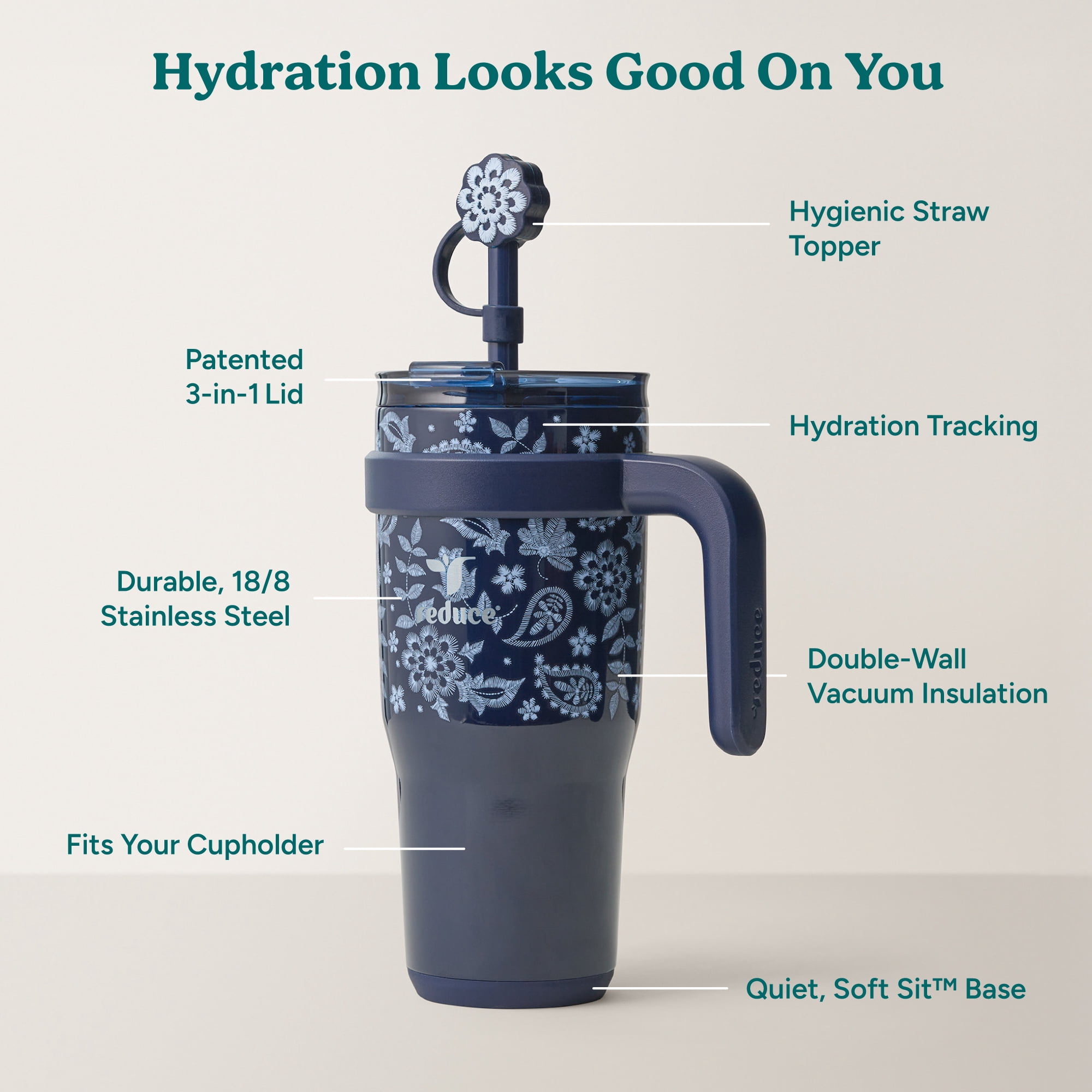 Reduce 24oz Cold1 Travel Mug with Straw and Straw Topper, Lid & Travel Handle, Insulated Stainless Steel, Embroidered Navy