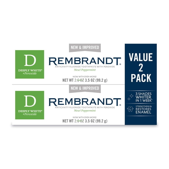 Rembrandt Deeply White + Peroxide Whitening Toothpaste, Peppermint Flavor, 3.5-Ounce (2 Pack)