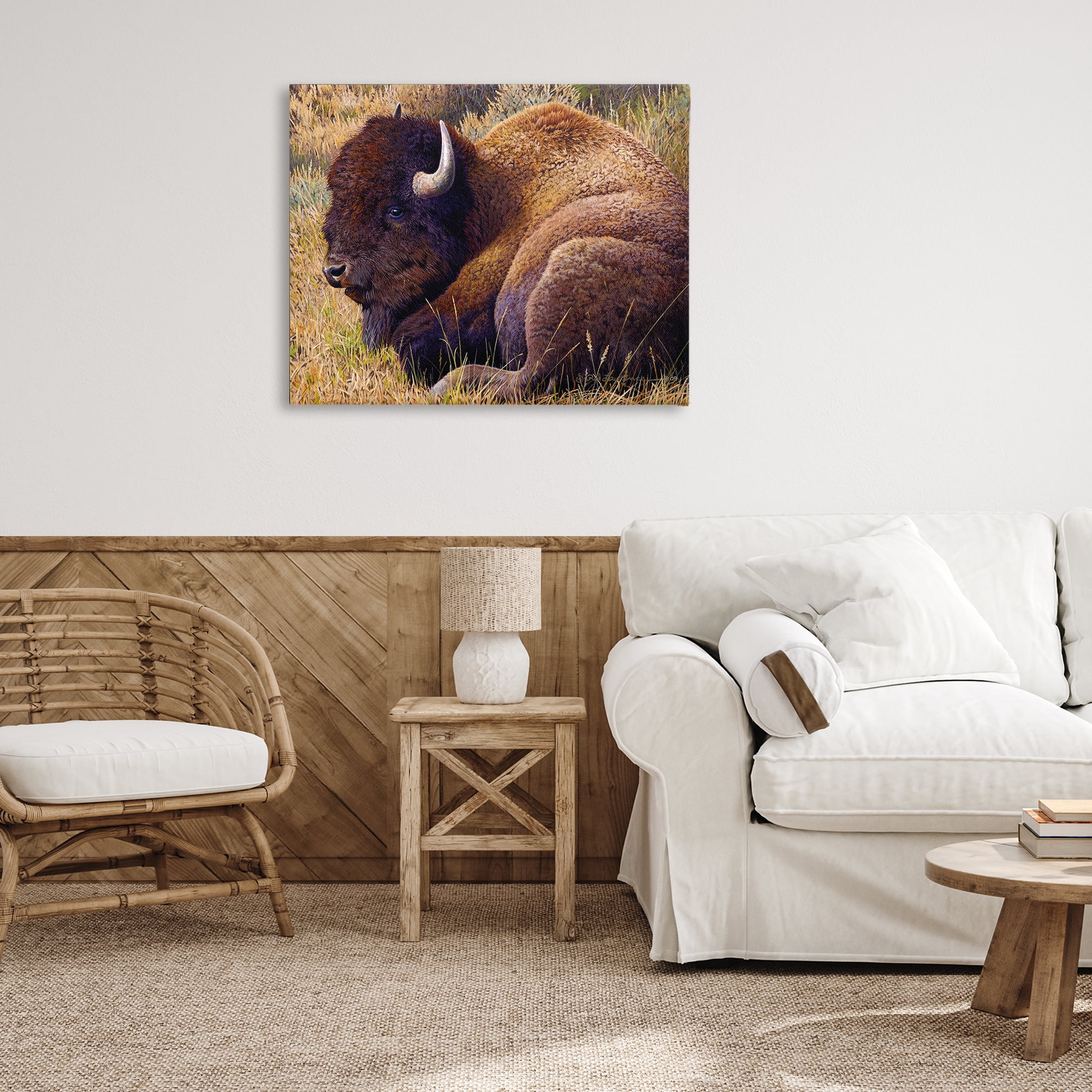 Stupell Industries Relaxing Young Bison Animals Painting Wrapped Canvas Art Print Wall Art, 40 x 30