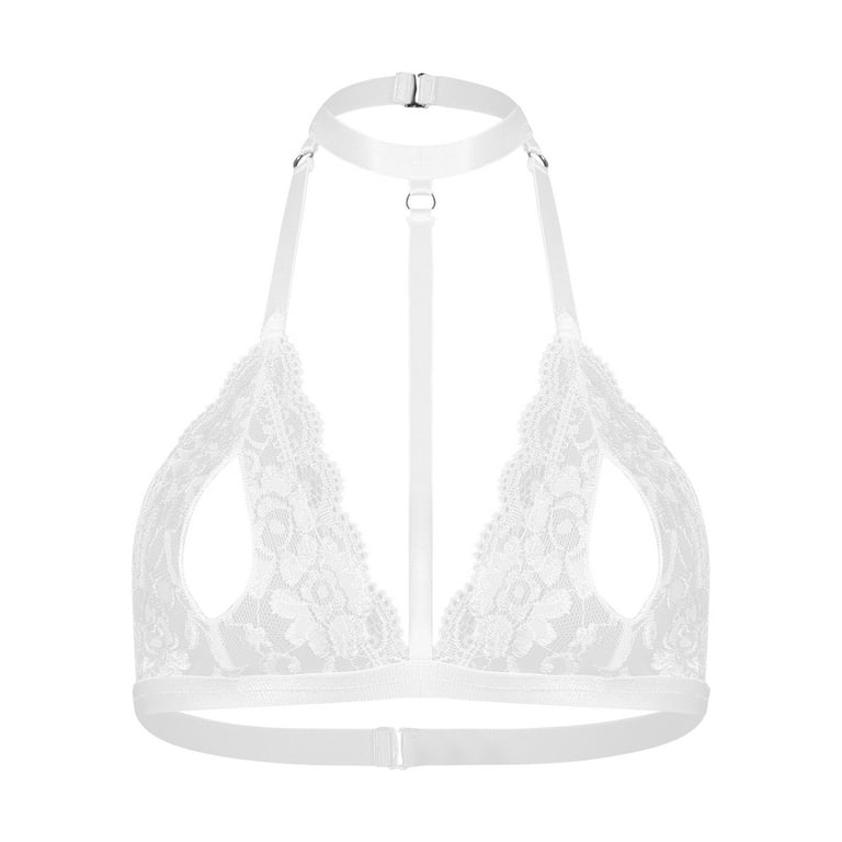 iiniim Womens Sexy Lingerie Lace Floral Sheer Hollow Out Open Nipples  Wireless Unlined Bra Tops 