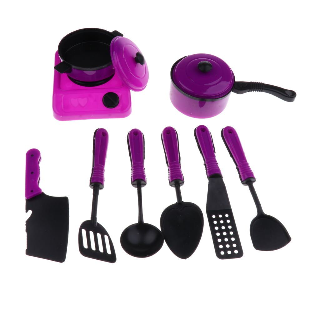 9-Piece Purple Kitchen Pretend Play Set Pans Pot and Cooking Utensils 