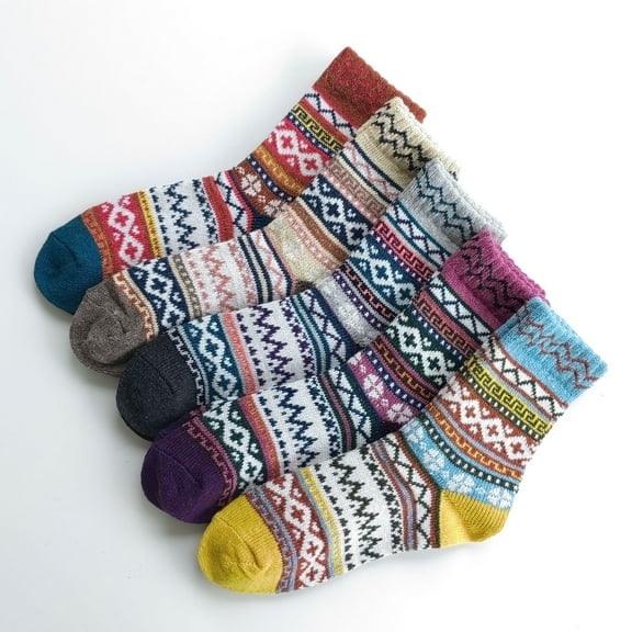Zhuge 5Pack Womens Vintage Winter Soft Warm Thick Cold Knit Wool Crew Socks,Multicolor-Wavy