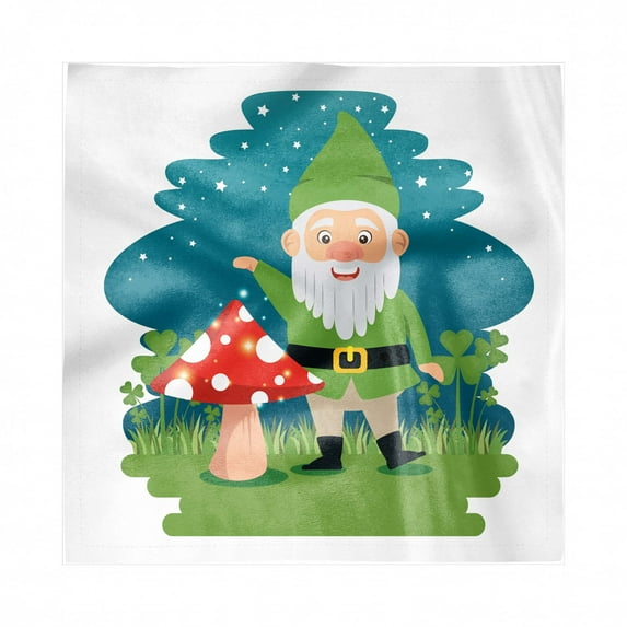 Gnome Decorative Napkins Set of 4, Funny Elf with Mushroom in Forest at Magic Starry Night Noel Celebration, Silky Satin Fabric for Brunch Dinner Party, 12", Fern Green Petrol Blue, by Ambesonne