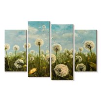 Elephant Stock Dancing Dandelions Seeds Wall Art - Horizontal Multi Panel Canvas - Living Room Wall Decor - Floral And Botanical Multi Panel - Green And Blue Decor - 36" x 22"