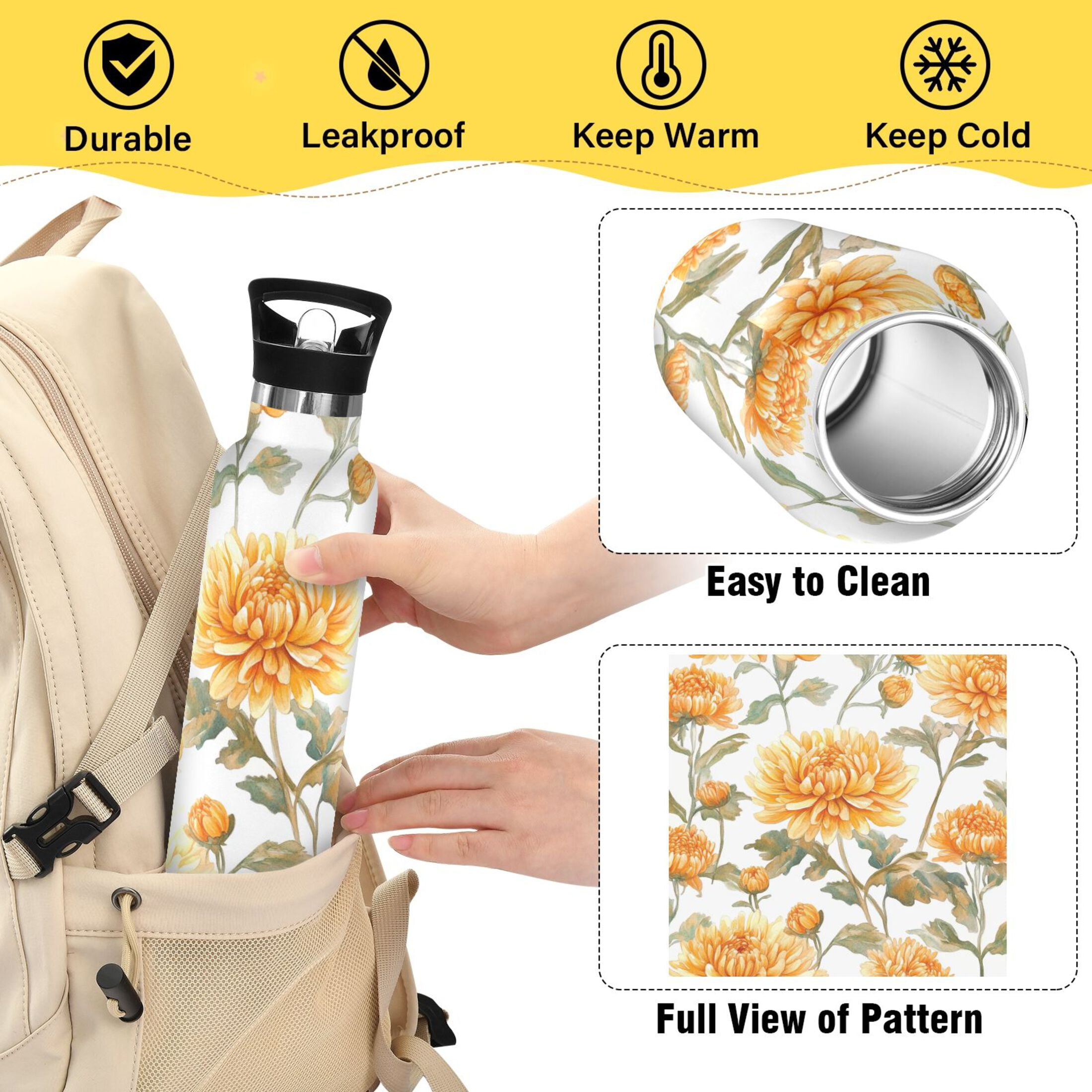 600ML Stainless Steel Insulated Cup Sports Water Bottle Portable Thermos Cup Water Glasses Insulated Tumblers Convenient and Durable Chrysanthemums Yellow
