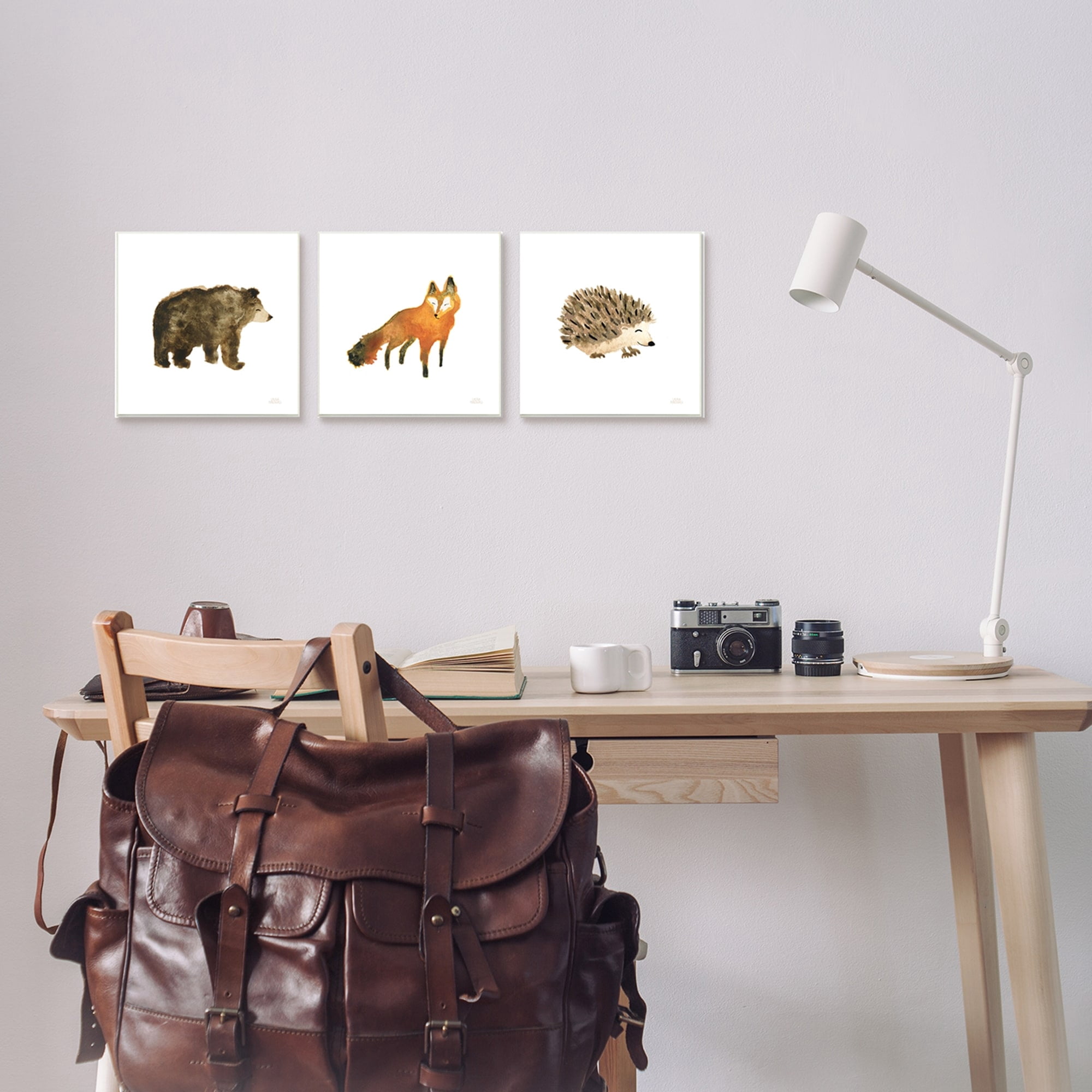Whimsical Forest Animal Watercolor Fox Hedgehog Bear Animals & Insects Gallery-Wrapped Canvas Print Wall Art, Set of 3, 17x17