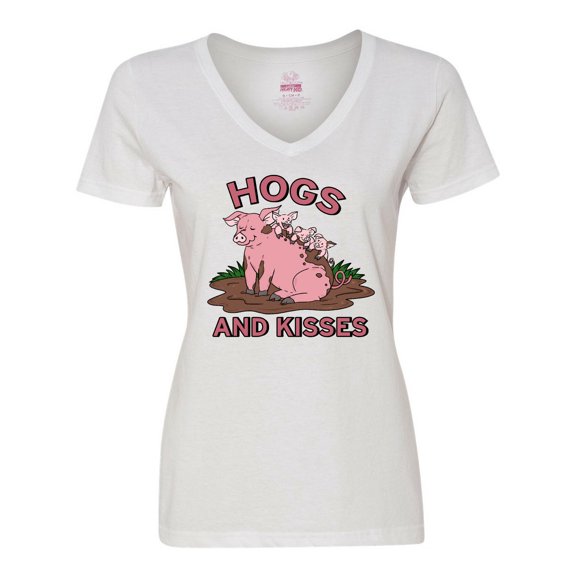 Inktastic Hogs and Kisses with Cute Pig Family Women's V-Neck T-Shirt