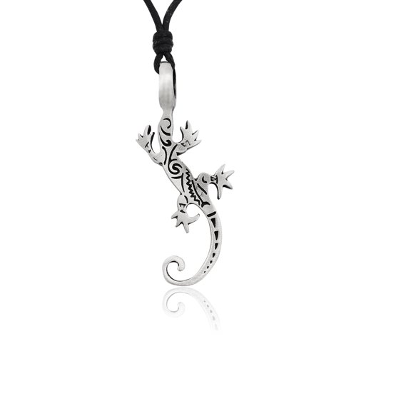 Lizard Gecko Maori Silver Pewter Charm Necklace Pendant Jewelry With Cotton Cord