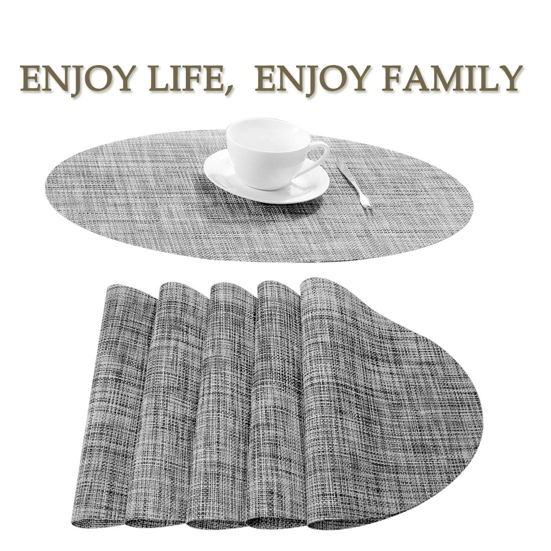 Unique Bargains Washable Insulation Mats Woven Oval Placemats Gray 18" x 12" 6 Pcs