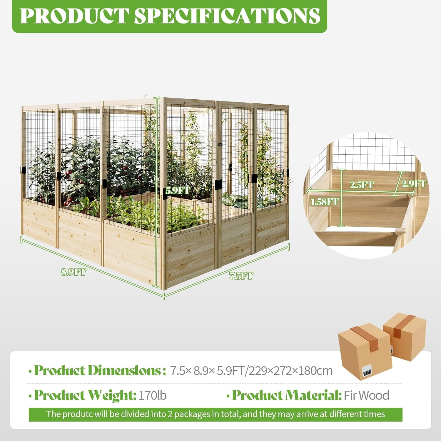 Jocisland Wooden Raised Garden Bed for Outdoor, Deep Large Planter Box with Netting for Gardening, Vegetables, Herbs（8×9×6 ft）