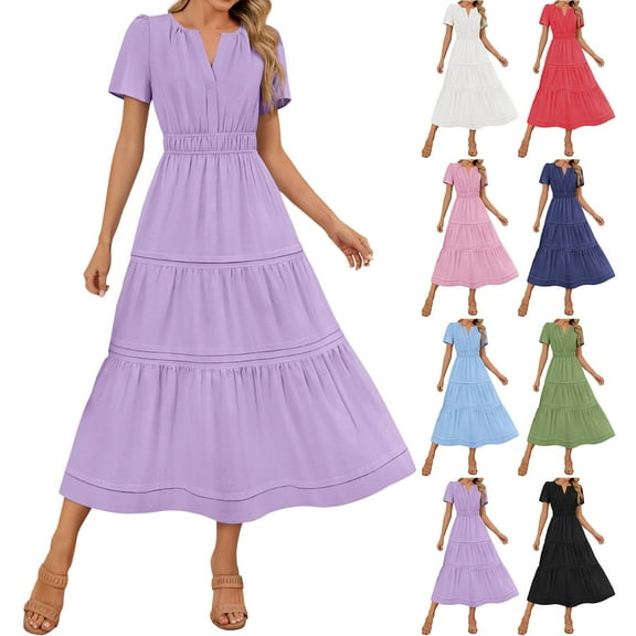 Eiyaclvo Womens Summer Maxi Dress Short Sleeve Notch V Neck A Line Long Dress with Elastic Waisted Flowy Beach Vacation Party Dresses