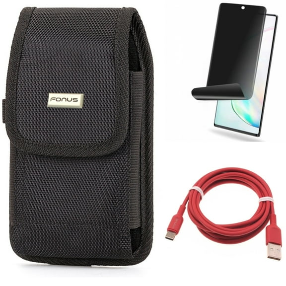 Case Belt Clip & Privacy Screen Protector & 6ft USB-C Cable for Samsung Galaxy Note 20 (6.7") - Combo with Rugged Holster & TPU Film Anti-Peep & Red Charger Cord