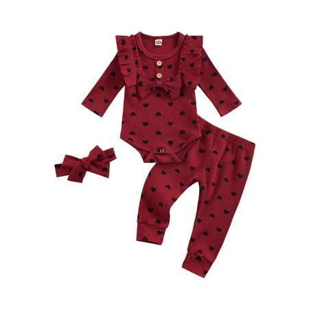 

MERSARIPHY 3Pcs Baby Girls Outfits Heart Print Romper + Pants + Headband