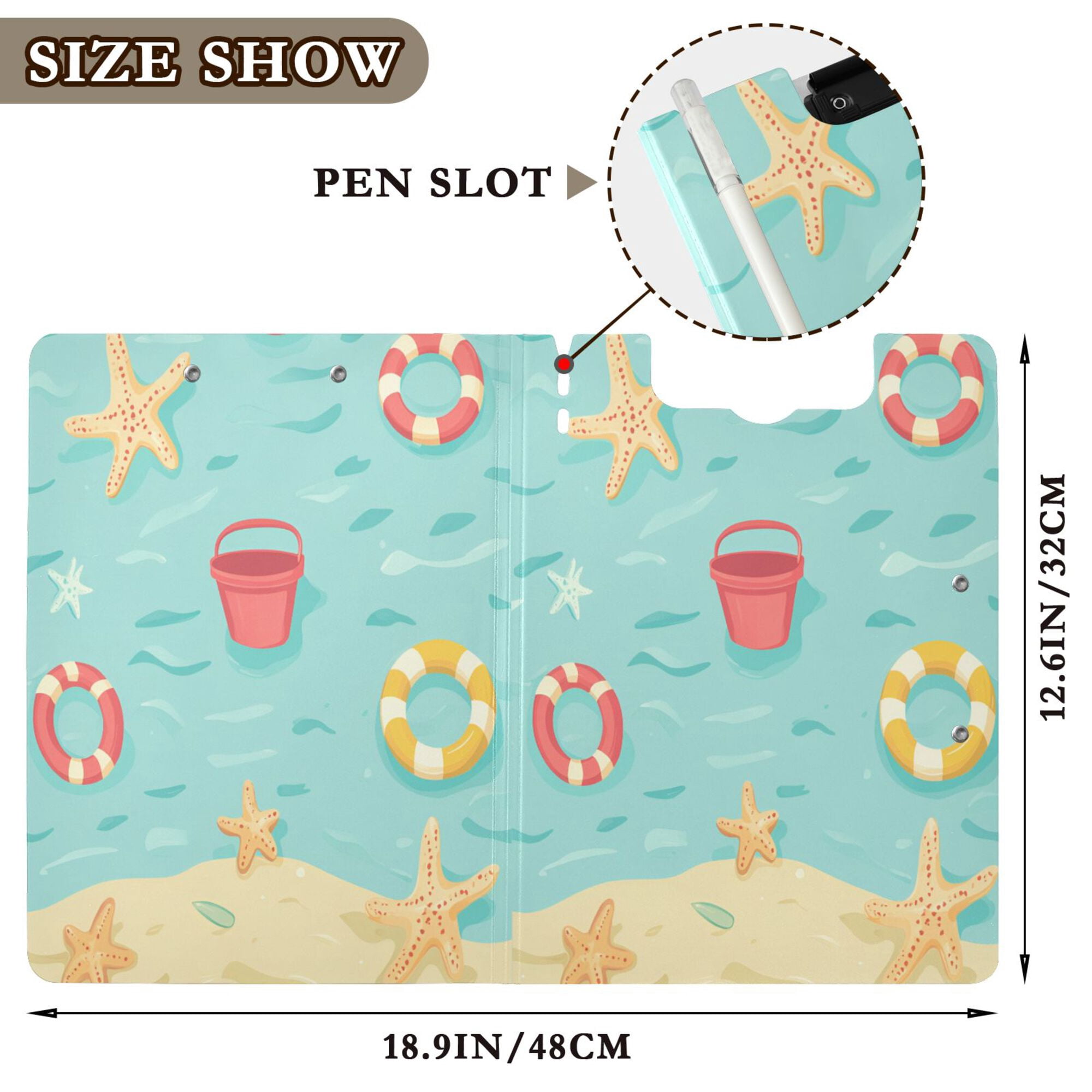 FORMRS A4 Clipboard Folder with Pen Holder Horizontal Foldable School Office Binder, Blue Beach Pattern