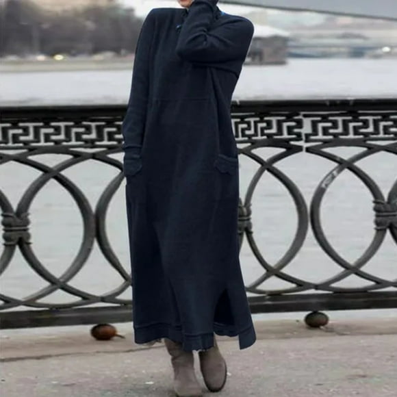 EGNMCR Holiday Dresses for Women Women's Fashion Round Neck Winter Warm Color Long Sleeve Pocket Long Dress
