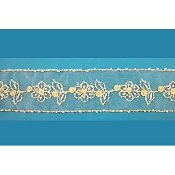 2" width Ivory Organza Embroidered Sequins Beaded Floral Lace Trim (Sold by yard)