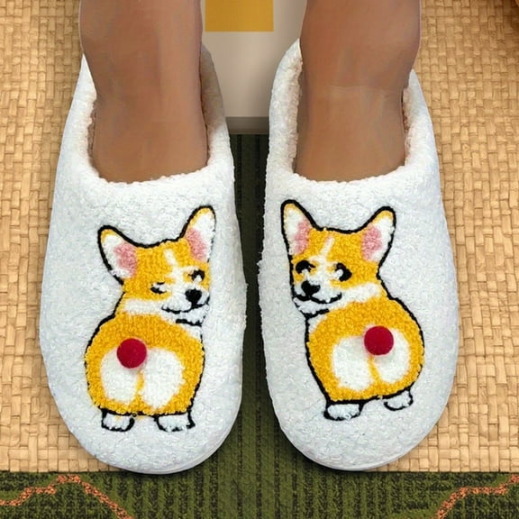 Heisall Women's Casual Corgi Embroidered Slippers, Soft Thick White Upper with Friendly Lining, Solid Rubber Sole, Heelless Indoor Home Slippers for Fall and Winter