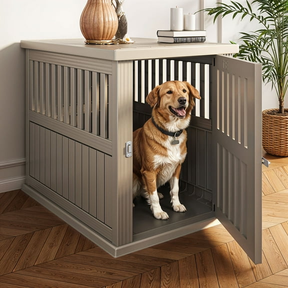 Uforic 30" Plastic Dog Crate for Small and Medium Dogs, Indoor Dog Kennel with Door Latch and Hollow Ventilated Design, Furniture End Table, Brown, 29.3"D x 15"W x 25.5"H