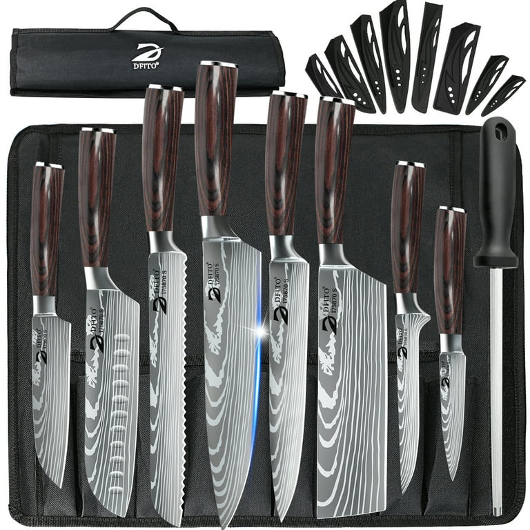 DFITO 9-Piece Kitchen Knife Set, Stainless Steel Professional Cutlery Knife  with Knife Sheaths, Ultra Sharp Kitchen Knives with Knife Storage Bag,  Brown 