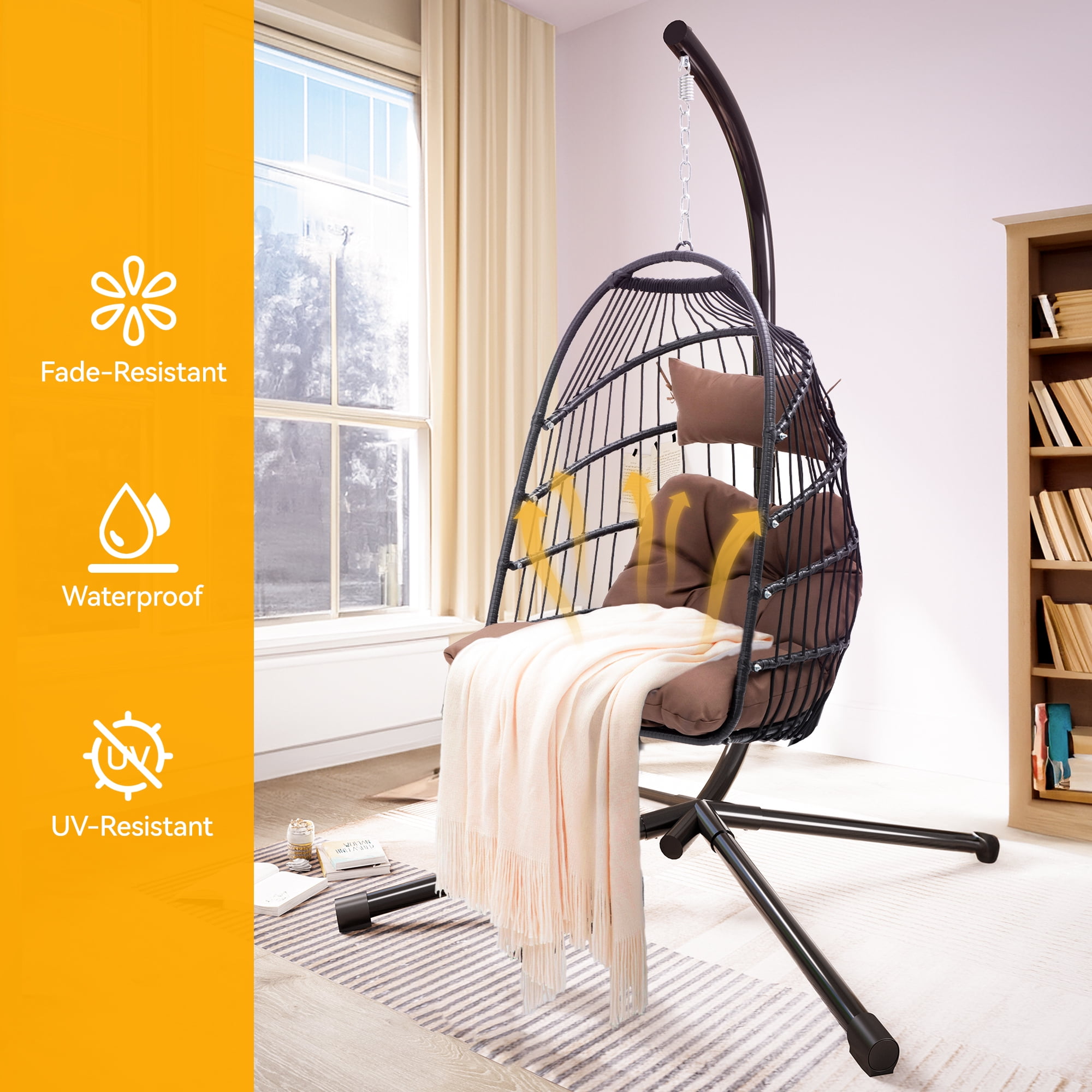 Dextrus Hanging Egg Swing Chair Outdoor Wicker Hammock Chairs Indoor with Steel Stand UV Resistant Cushion 350lbs for Patio, Bedroom, Garden and Balcony, Brown