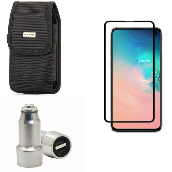 Galaxy S10e Car Charger w Screen Protector w Case Belt Clip - 3.1A 2-Port USB Power, Tempered Glass 5D Curved Edge, Swivel Holster Rugged for Samsung Galaxy S10e Phone