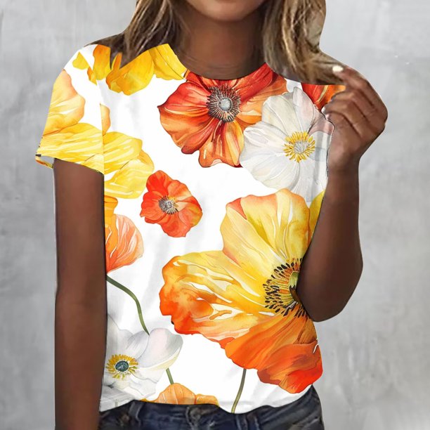 Fiudx Liquidación de Ahorros de Verano Blusas Informales de Manga Corta con Cuello Redondo y Estampado a La Moda para Mujer