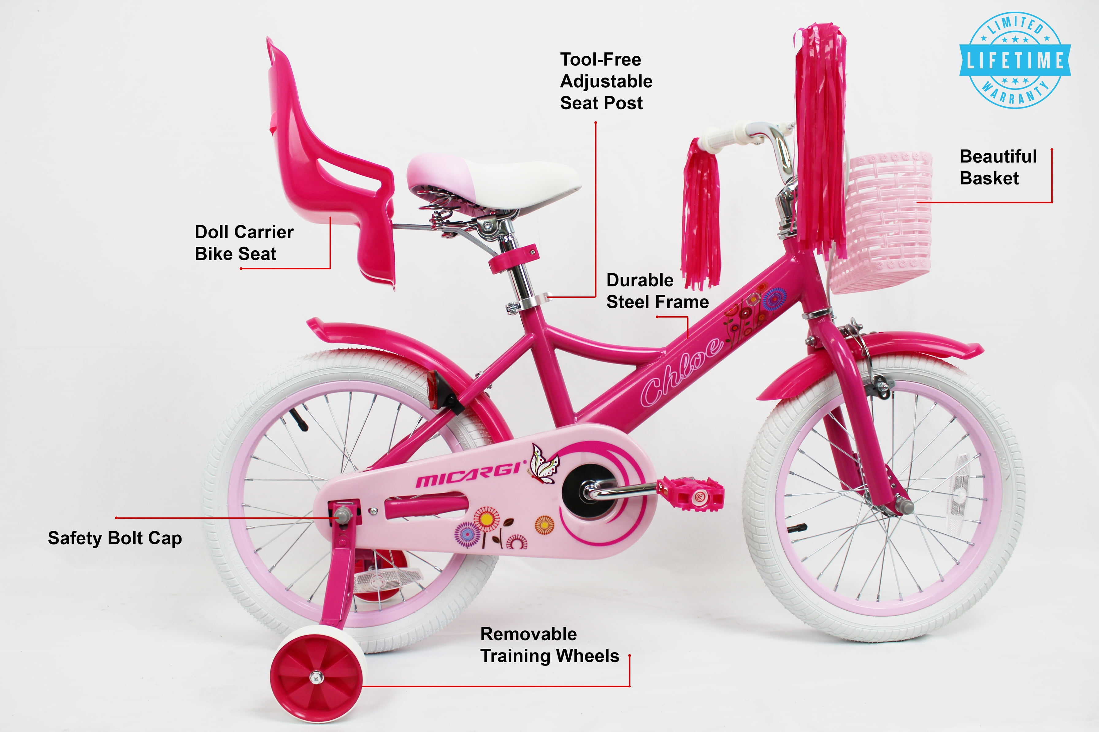 Micargi 16" inch Girl Kids Bike with Basket Girls with Training Wheels 4 5 6 7 Year Princess Toddler Barbie Pink