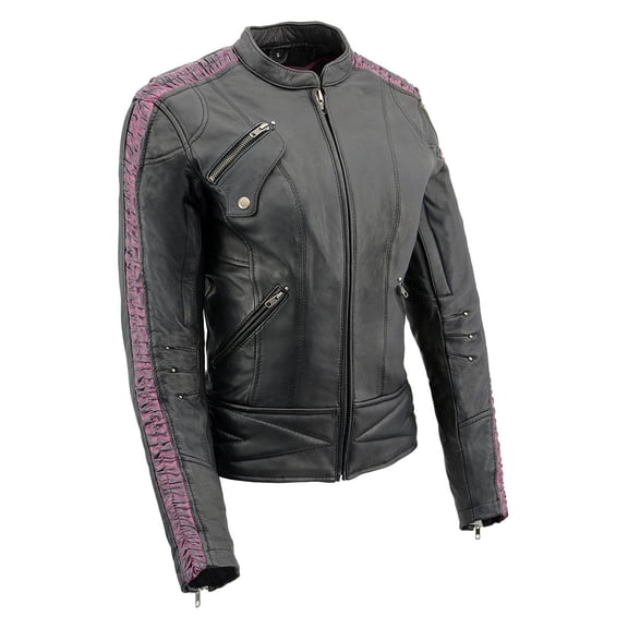 Milwaukee Leather MLL2571 Ladies Black and Purple 'Crinkled Arm' Lightweight Racer Jacket 5X-Large