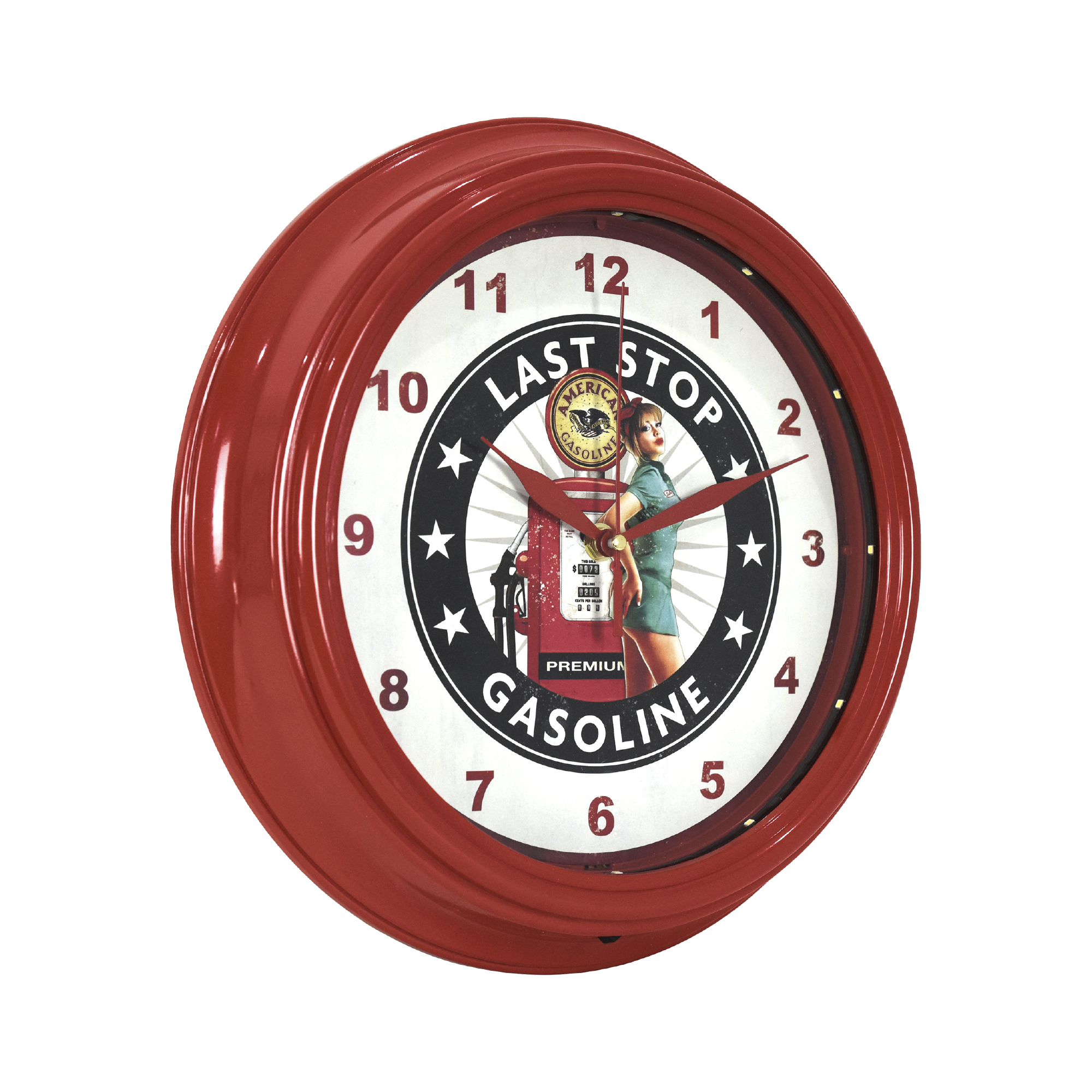 American Art Decor Last Stop Gasoline Pinup Girl LED Clock - 12" Wall Mounted American Gasoline Wall Decor - Wall Clock for Living Room, Dorm, Mancave, Garage, Office, Game Room (Red/White/Black)