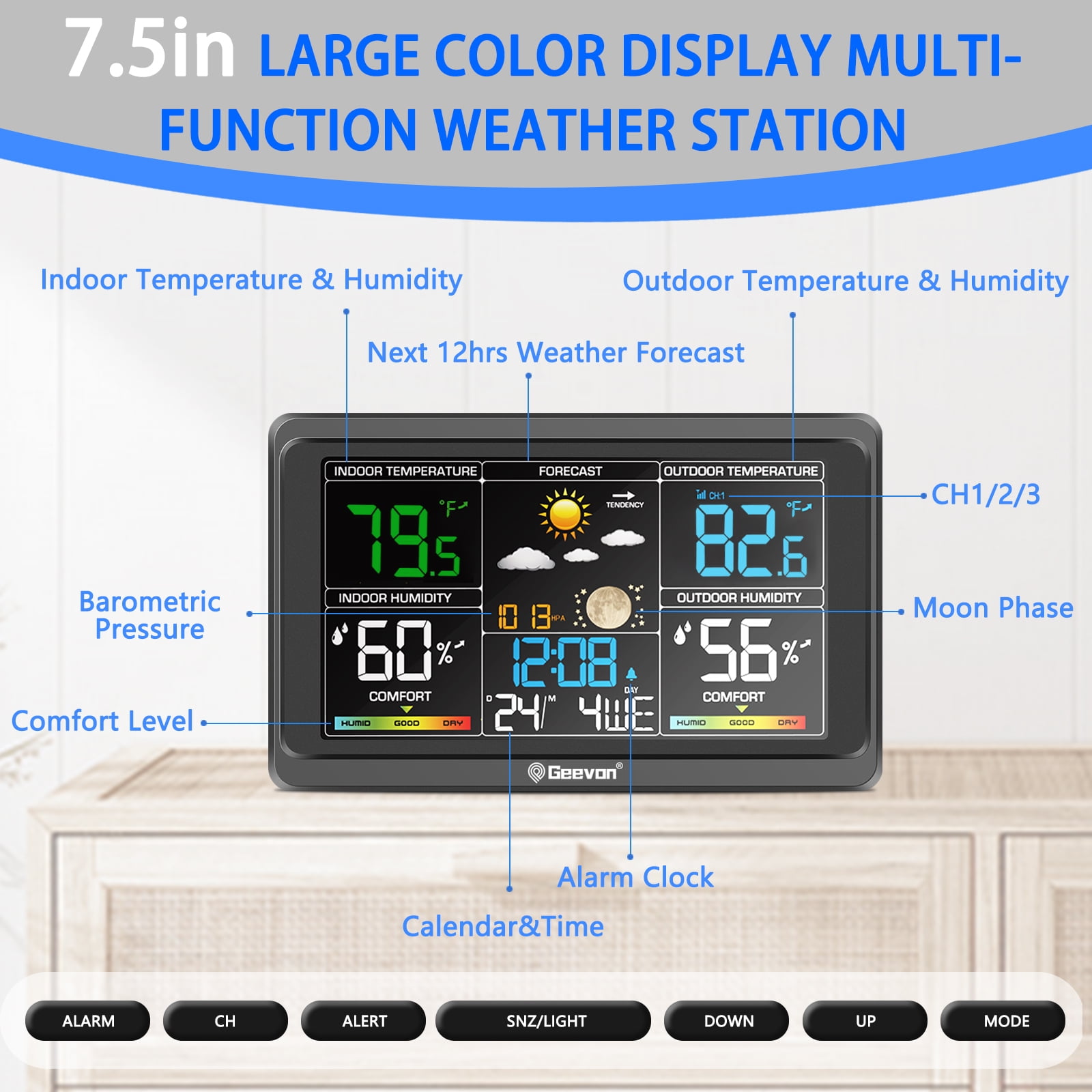 Geevon Weather Station Wireless Indoor Outdoor Thermometer, Color Display Digital Weather Thermometer with Alarm Clock, Barometric Pressure, Calendar, USB Charge, and Backlight(350°view angle)