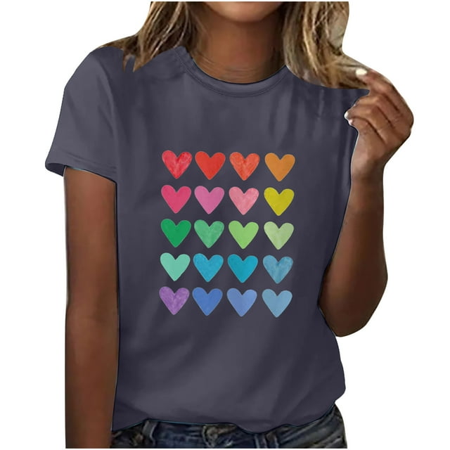 Diufon Hauts de la Saint-Valentin pour Femmes Décontracté Manches Courtes Col Rond Chandail Chemise Imprimé Graphique Mignon Tendance