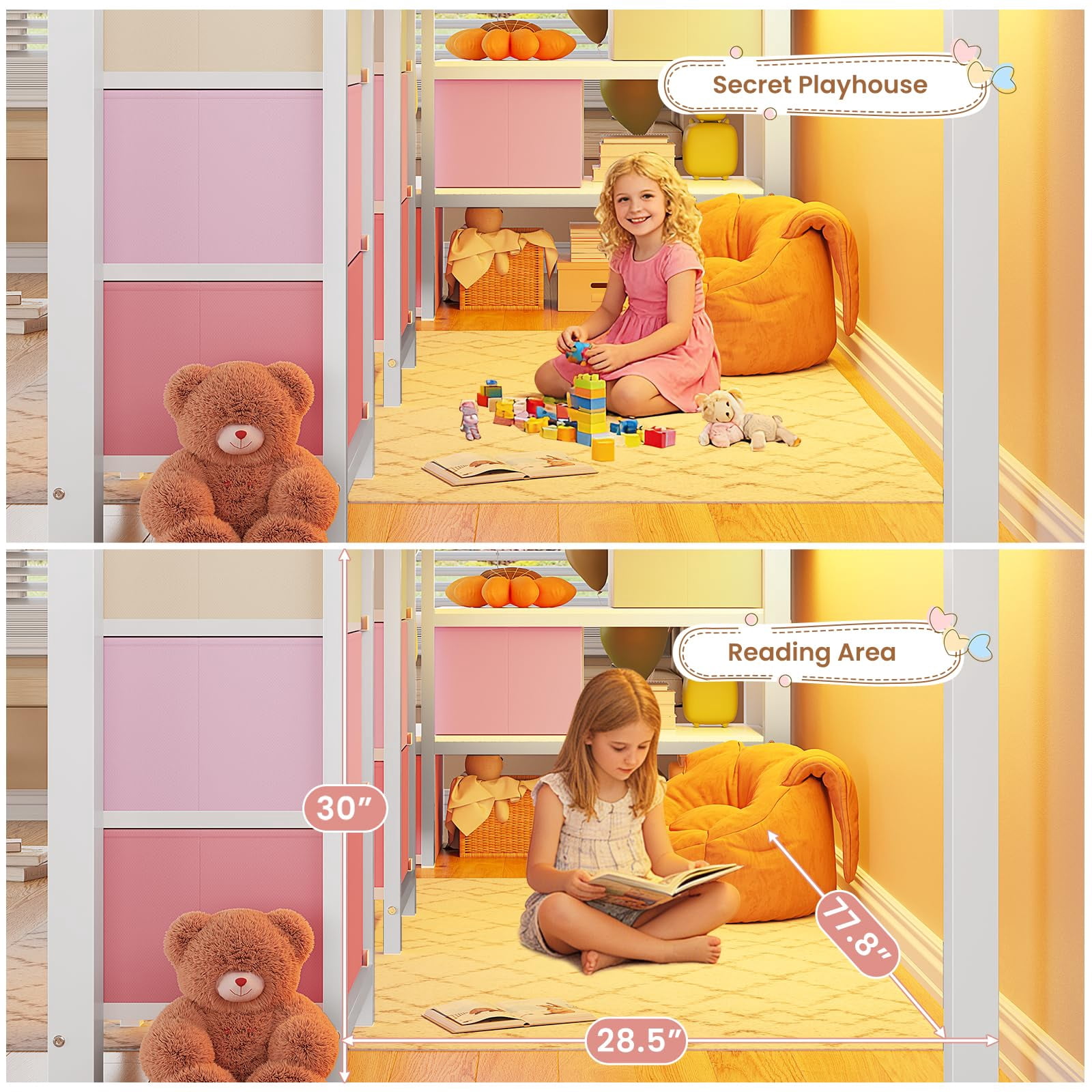 Low Loft Bed with Storage Stairs & Drawers & Shelves, LED Twin Metal Loft Bed with Under-Bed Playhouse, White