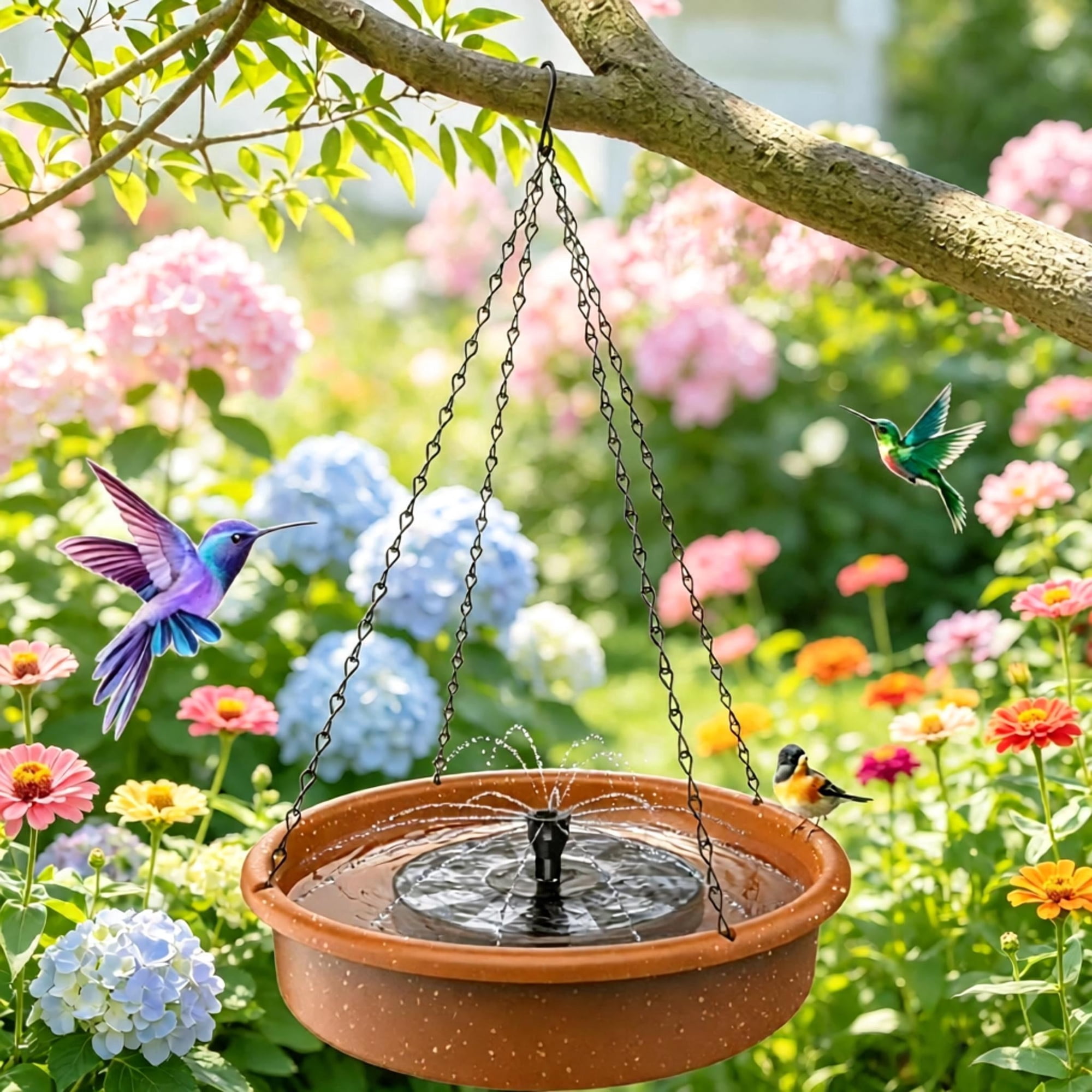 FANDLISS Hanging Solar Fountain Bird Bath Bowl, Multi-Use Outdoor Wild Bird Feeder with Heavy Duty Metal Chain, for Backyard Garden Tree Decoration