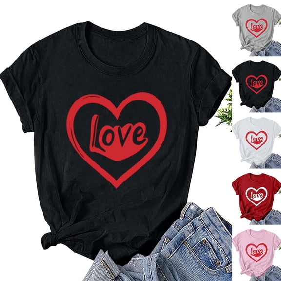 VKOYWKM Women's Valentine's Day T Shirts Love Heart Print Tees Short Sleeve Casual Crew Neck Holiday T Shirts Classic Romantic Valentine Cute Clothes