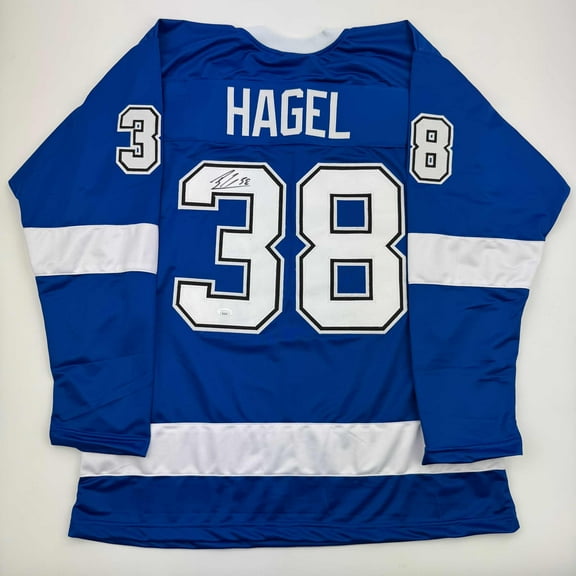 Autographed/Signed Brandon Hagel Tampa Bay Blue Hockey Jersey JSA COA